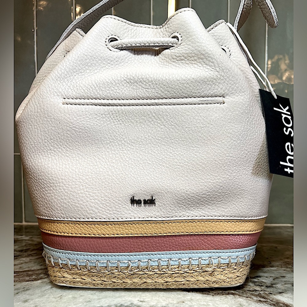 THE SAK white leather multi color media bucket bag